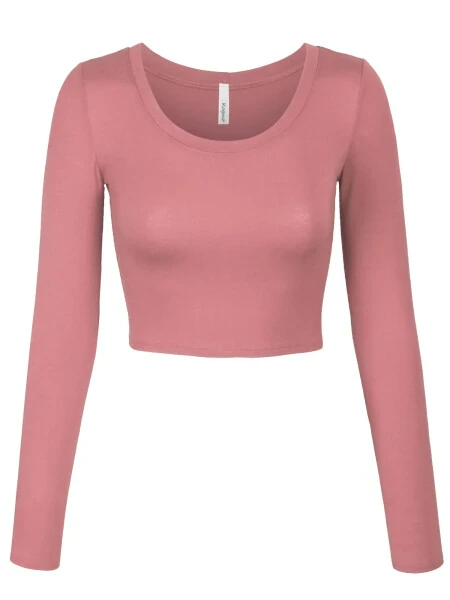 KOGMO Women's Long Sleeve Crop Top Solid Round Neck T Shirt - KOGMO