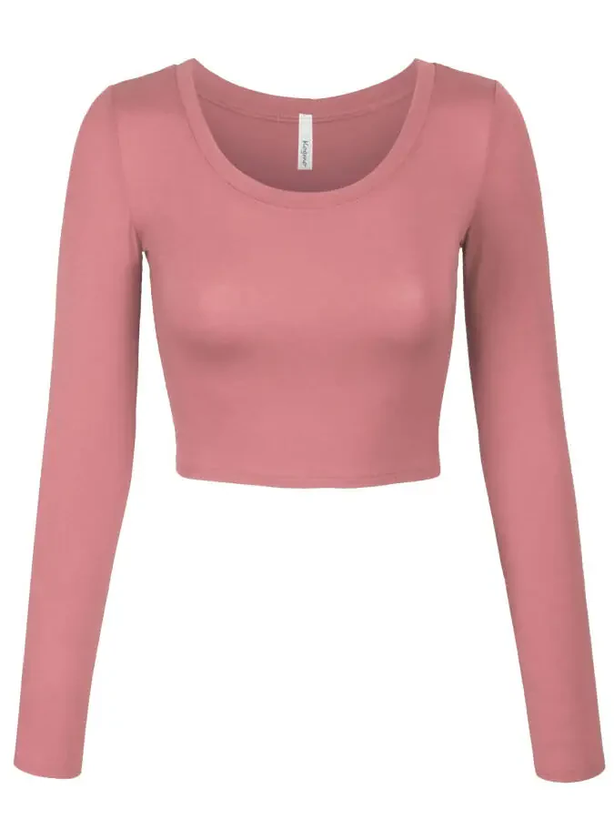 KOGMO Women's Long Sleeve Crop Top Solid Round Neck T Shirt - 1