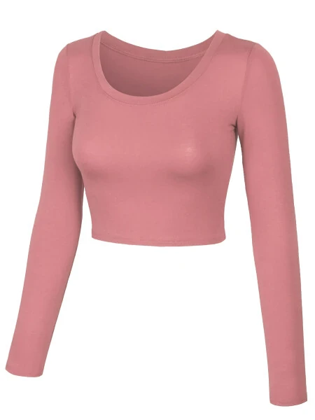 KOGMO Women's Long Sleeve Crop Top Solid Round Neck T Shirt - KOGMO (1)