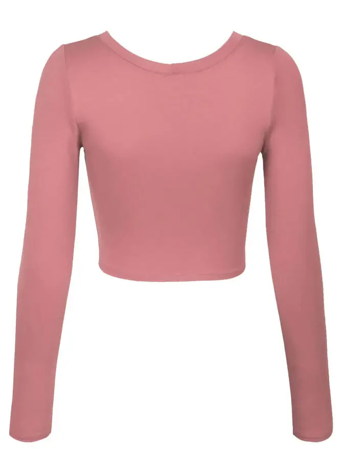KOGMO Women's Long Sleeve Crop Top Solid Round Neck T Shirt - 3
