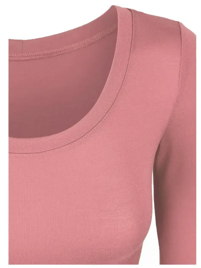 KOGMO Women's Long Sleeve Crop Top Solid Round Neck T Shirt - 4