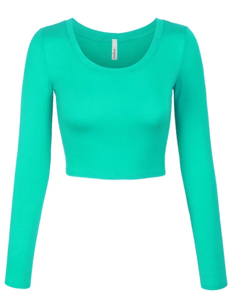 KOGMO Women's Long Sleeve Crop Top Solid Round Neck T Shirt - KOGMO