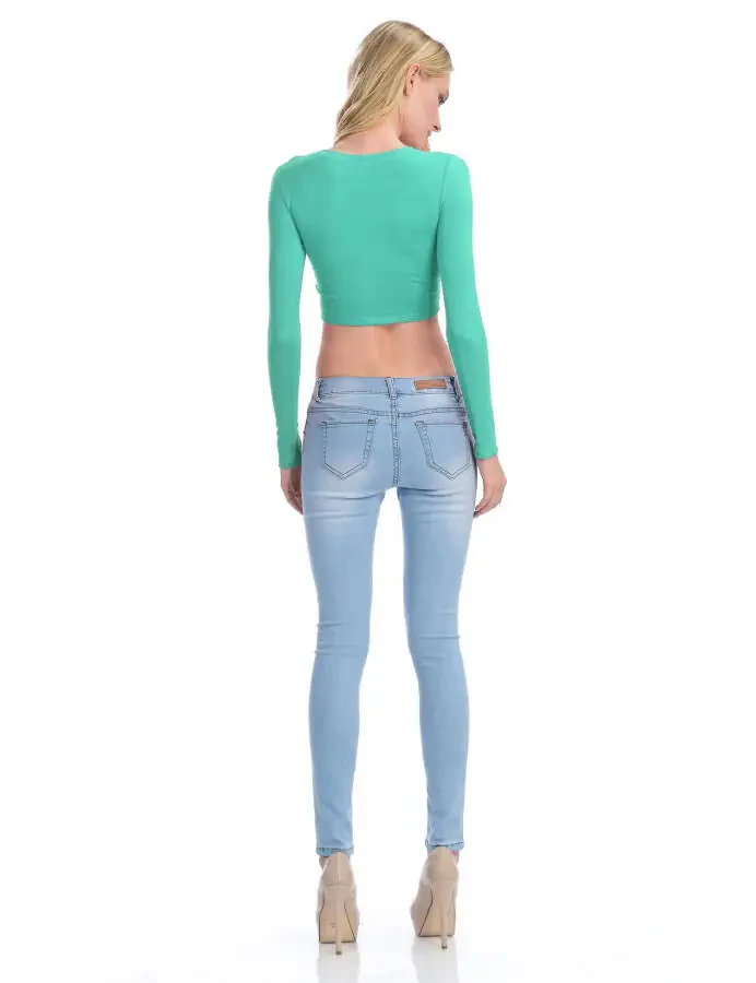 KOGMO Women's Long Sleeve Crop Top Solid Round Neck T Shirt - 7