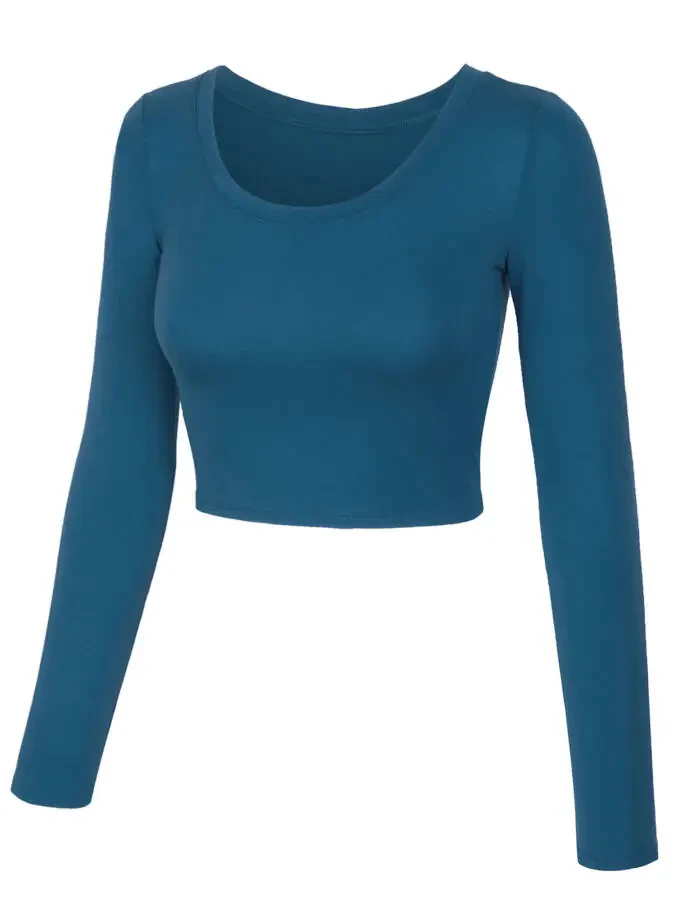 KOGMO Women's Long Sleeve Crop Top Solid Round Neck T-Shirt - 2