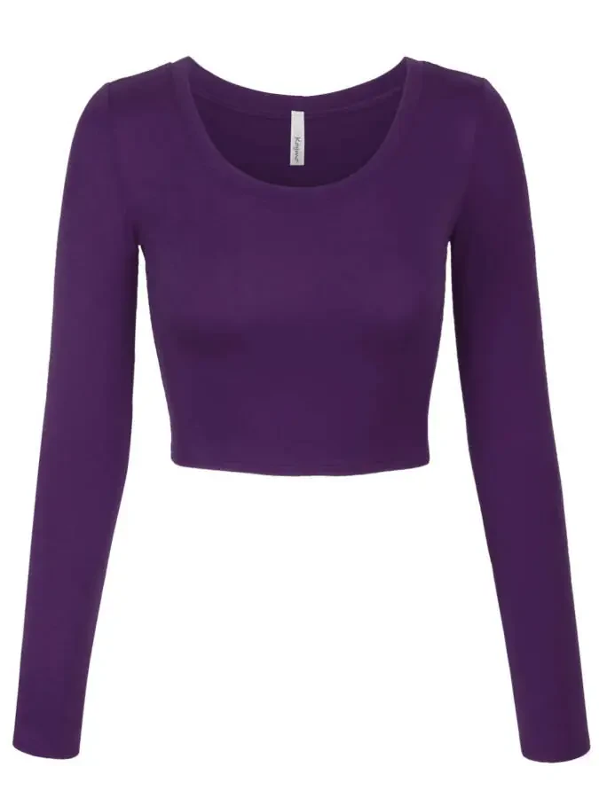 KOGMO Womens Long Sleeve Crop Top Solid Round Neck T Shirt - 1