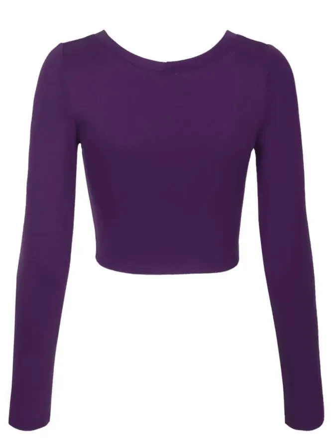 KOGMO Womens Long Sleeve Crop Top Solid Round Neck T Shirt - 4