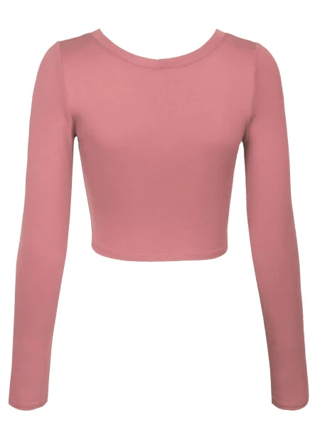 KOGMO Женская рубашка с длинным рукавом, укороченный топ, однотонная футболка с круглым вырезом - 3