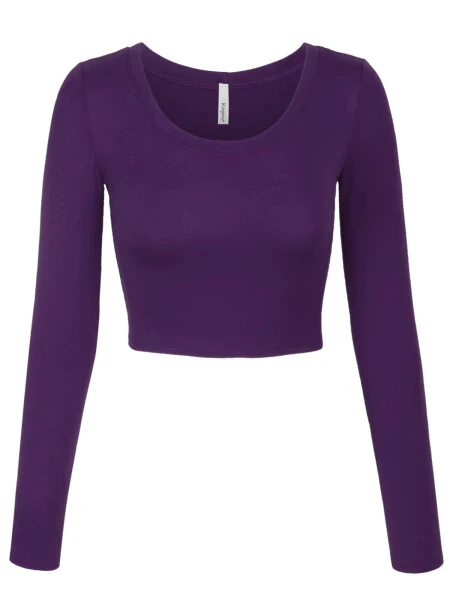 KOGMO Женский укороченный топ с длинными рукавами, однотонная футболка с круглым вырезом. - KOGMO