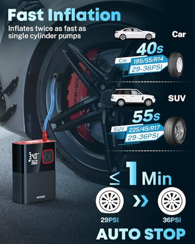 Kohree Tire Inflator Portativ Havo Kompressori, Avtomobil Shinlari, Pikaplar va Yirik Shinlar uchun 4 Baravar Tez Ikki Silindrli Havo Nasosi, 150 PSI va 20000mAh Akustik Elektr Havo Nasosi Bosimni Aniqlash bilan - Kohree