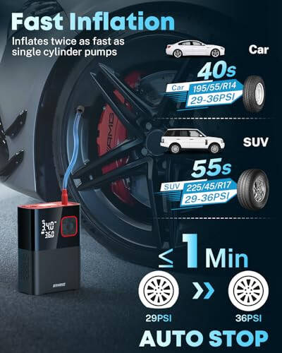 Kohree Tire Inflator Portativ Havo Kompressori, Avtomobil Shinlari, Pikaplar va Yirik Shinlar uchun 4 Baravar Tez Ikki Silindrli Havo Nasosi, 150 PSI va 20000mAh Akustik Elektr Havo Nasosi Bosimni Aniqlash bilan - 1