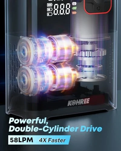 Kohree Tire Inflator Portativ Havo Kompressori, Avtomobil Shinlari, Pikaplar va Yirik Shinlar uchun 4 Baravar Tez Ikki Silindrli Havo Nasosi, 150 PSI va 20000mAh Akustik Elektr Havo Nasosi Bosimni Aniqlash bilan - Kohree (1)