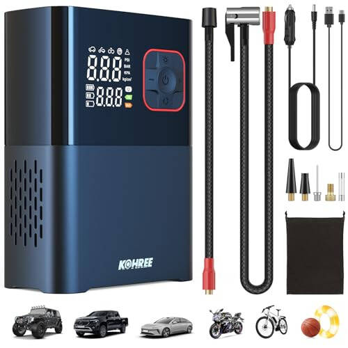 Kohree Tire Inflator Portativ Havo Kompressori, Avtomobil Shinlari, Pikaplar va Yirik Shinlar uchun 4 Baravar Tez Ikki Silindrli Havo Nasosi, 150 PSI va 20000mAh Akustik Elektr Havo Nasosi Bosimni Aniqlash bilan - 6