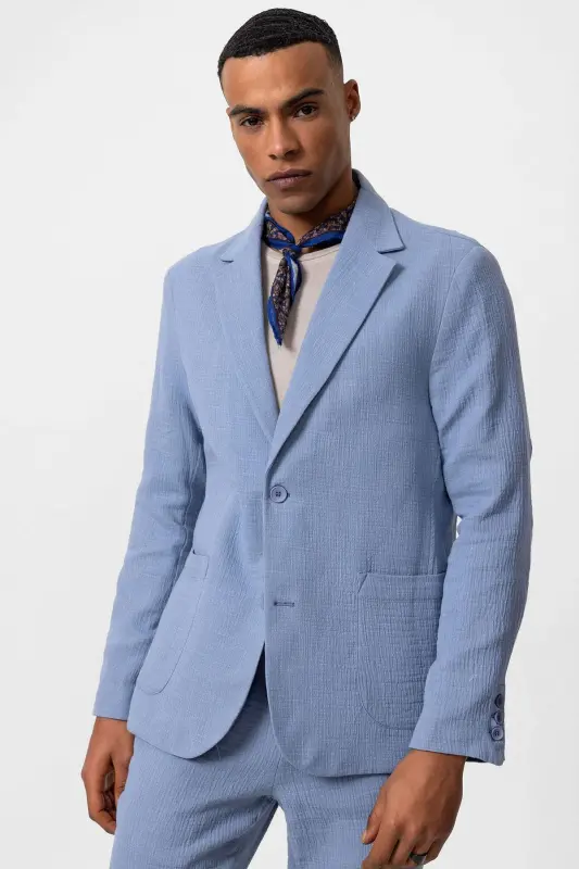 Ko'k Astarli Cho'ntakli Erkaklar Blazer Kurtkasi - Ko'k - 2