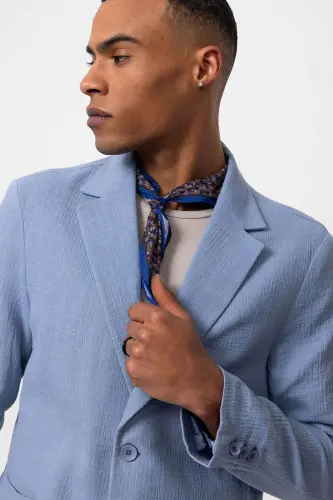 Ko'k Astarli Cho'ntakli Erkaklar Blazer Kurtkasi - Ko'k - 5