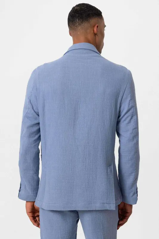 Ko'k Astarli Cho'ntakli Erkaklar Blazer Kurtkasi - Ko'k - 6