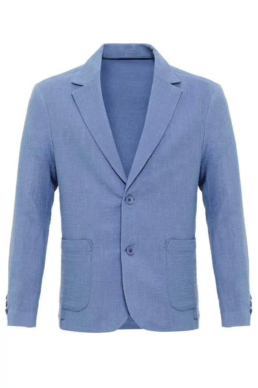 Ko'k Astarli Cho'ntakli Erkaklar Blazer Kurtkasi - Ko'k - 7