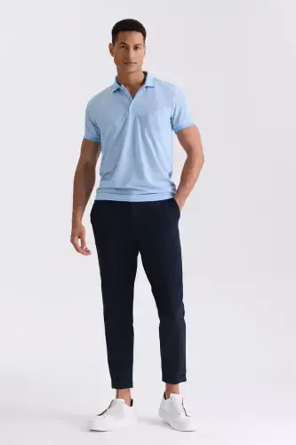 Ko'k Classic Fit cho'ntakli naqshli polo yoqali futbolka - 2