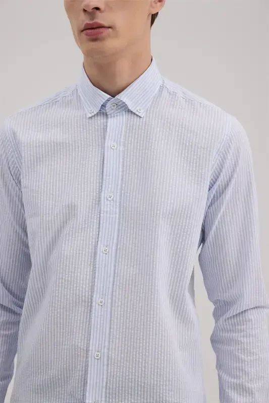 Ko'k Comfort Fit 100% Paxta Chiziqli Ko'ylak - 3