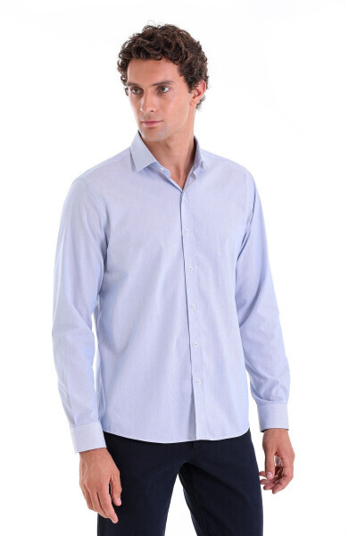 Ko'k Comfort Fit chiziqli 100% paxta Slim yoqali uzun - 3