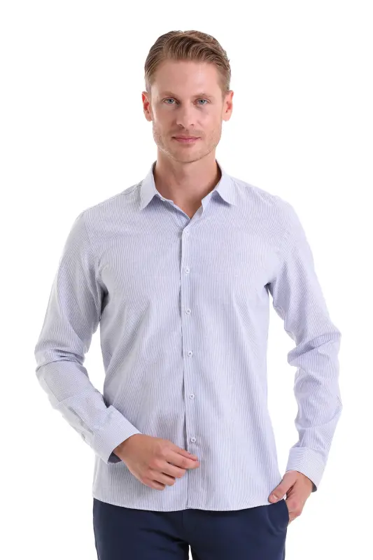 Ko'k Comfort Fit chiziqli paxta Slim yoqali uzun yengli kundalik ko'ylak-Ko'k Ch. - HATEMOĞLU