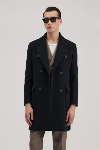 Ko'k Comfort Fit ikki qatorli jun palto 