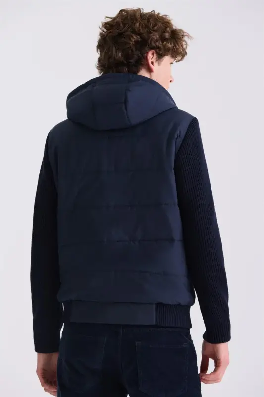 Ko'k Comfort Fit Kapüşonli Triko Yengli Qishki Kurtka - 4