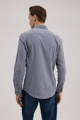 Koʻk Comfort Fit Pastdan Tugmali Yoqali Naqshli Koʻylak - 4