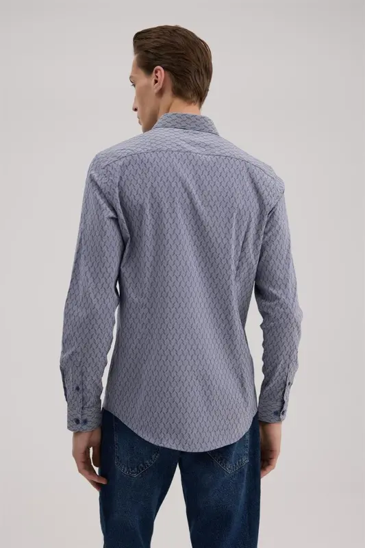 Koʻk Comfort Fit Pastdan Tugmali Yoqali Naqshli Koʻylak - 4