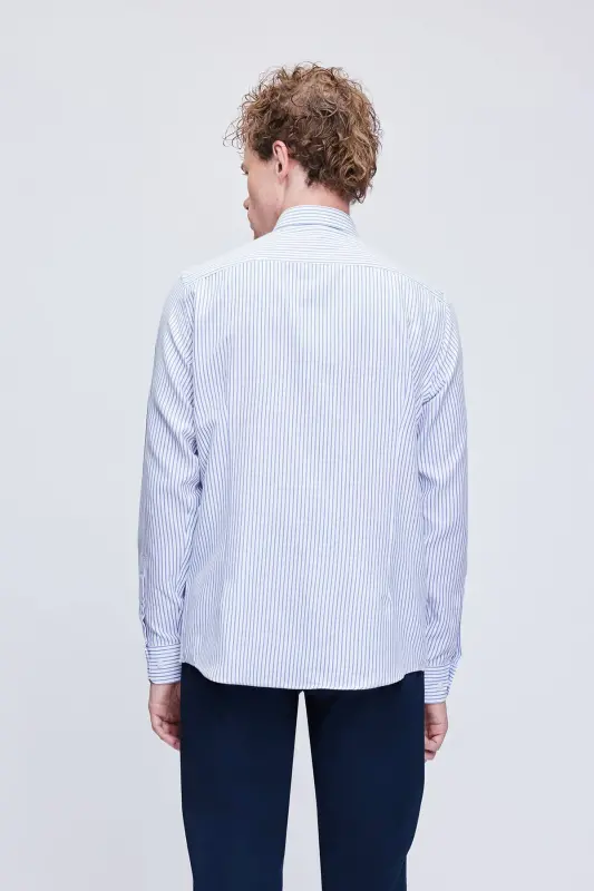Ko'k Comfort Fit полосали пахтадан тикилган узун енгли ёқали кўйлак - 5