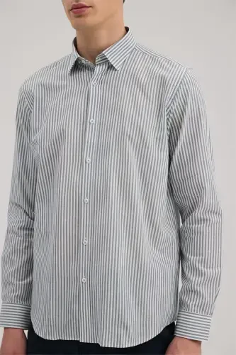 Koʻk Comfort Fit Zigʻir Aralash Chiziqli Koʻylak - 3