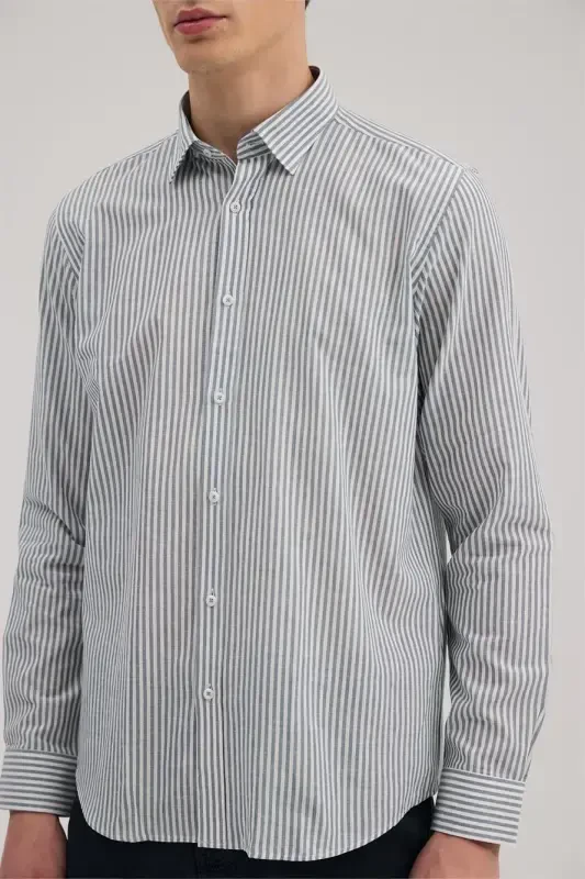 Koʻk Comfort Fit Zigʻir Aralash Chiziqli Koʻylak - 3