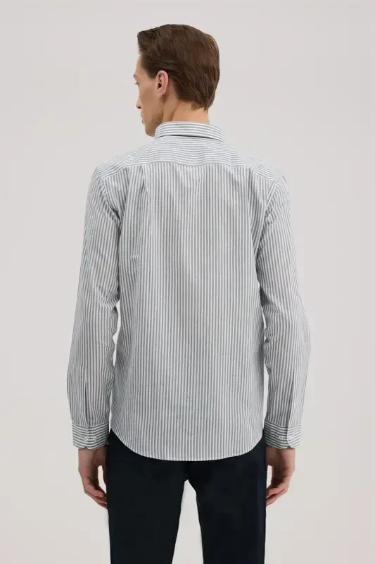 Koʻk Comfort Fit Zigʻir Aralash Chiziqli Koʻylak - 4