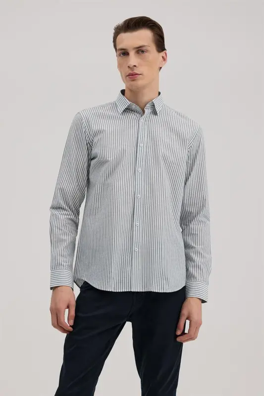 Koʻk Comfort Fit Zigʻir Aralash Chiziqli Koʻylak - 1