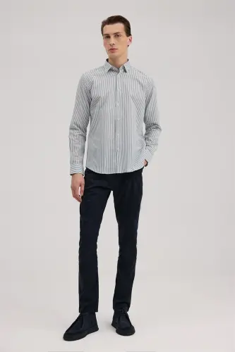 Koʻk Comfort Fit Zigʻir Aralash Chiziqli Koʻylak - JAKAMEN (1)