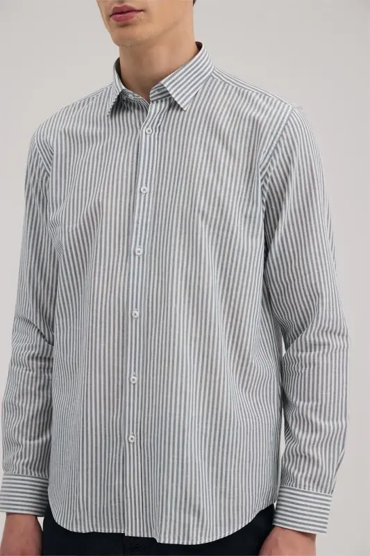 Koʻk Comfort Fit Zigʻir Aralash Chiziqli Koʻylak - 3
