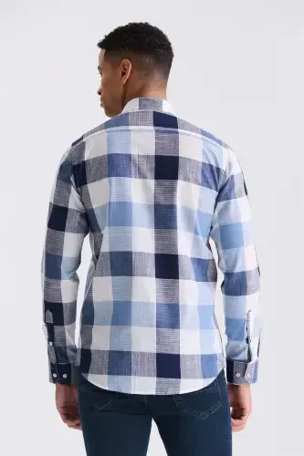 Ko'k ko'k rangdagi qisqa tugmachali, to'g'ri yoqali, to'rtburchak shakldagi 100% paxtadan yasalgan ko'ylak - 4