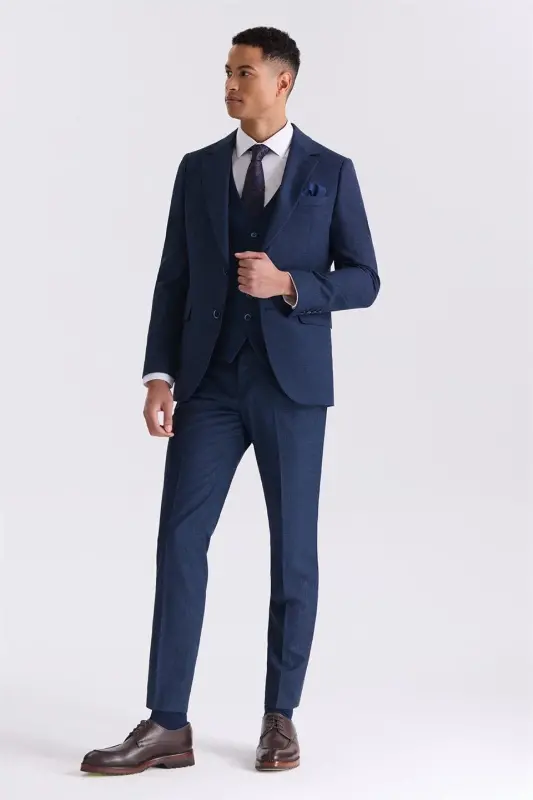 Ko'k ko'k rangli Slim Fit bitta qatlamali yelek kostyum - JAKAMEN
