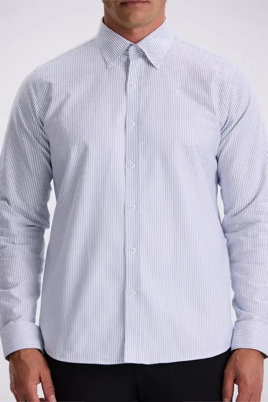 Ko'k movi 100% paxtadan tayyorlangan tugmali yoqali Comfort Fit ko'ylak - 3