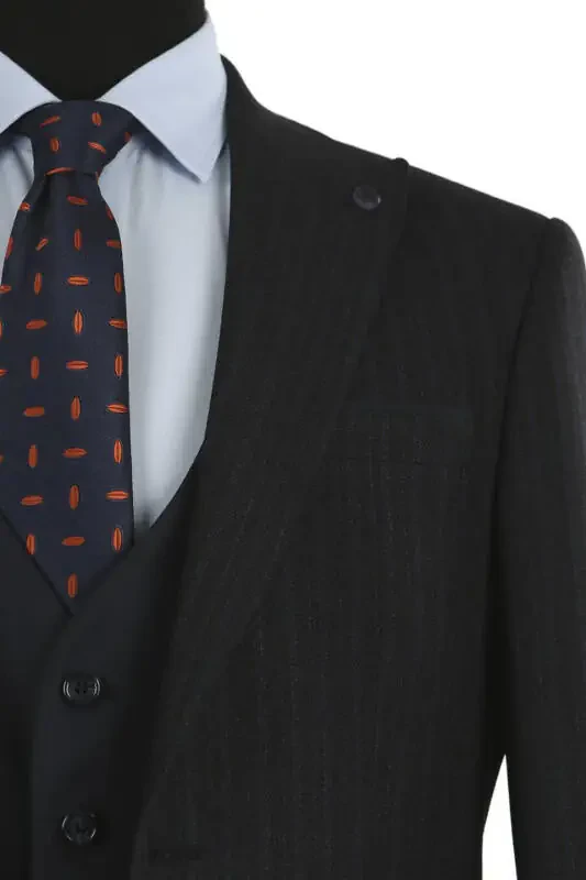 Ko'k movi Slim Fit ishlangan qirrali chiziqli yelek qo'shilgan kostyum - 2