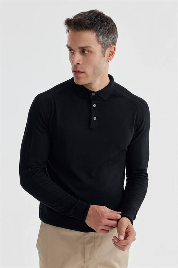 Ko'k Movi Slim Fit Jun Mo'ynoli, Naqshli Polo Yoqasidagi Trikotaj - 2