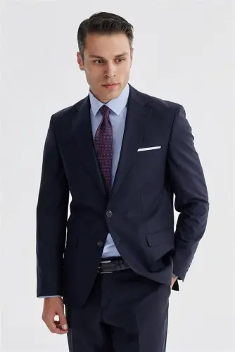 Ko'k moviq rang Slim Fit Mono Yaka Çift Yırtmaç Düz Takım Libos - 3