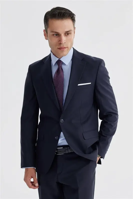 Ko'k moviq rang Slim Fit Mono Yaka Çift Yırtmaç Düz Takım Libos - 3