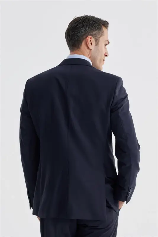 Ko'k moviq rang Slim Fit Mono Yaka Çift Yırtmaç Düz Takım Libos - 5