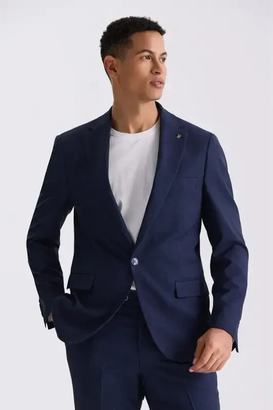 Ko'k moviq rangda tanqishlangan Slim Fit, Mono yoqali bir tugmali sport kostyum - 2