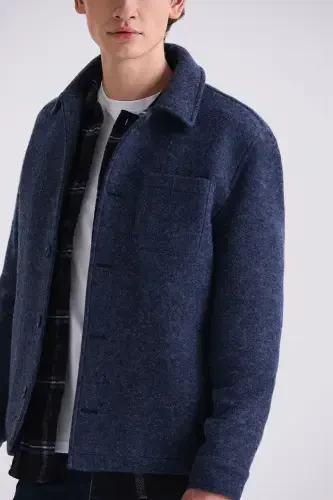 Ko'k moviy rangi Slim Fit Berber yoqali jun kaşmir palto - 3