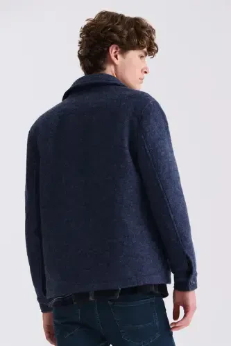 Ko'k moviy rangi Slim Fit Berber yoqali jun kaşmir palto - 4