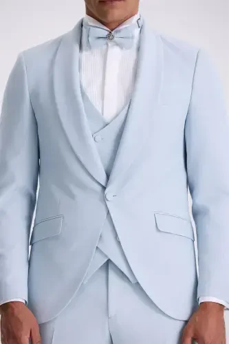 Ko'k moviy Slim Fit Shawl Yaka Yelekli Smokin Domodlik Kostyum - 3