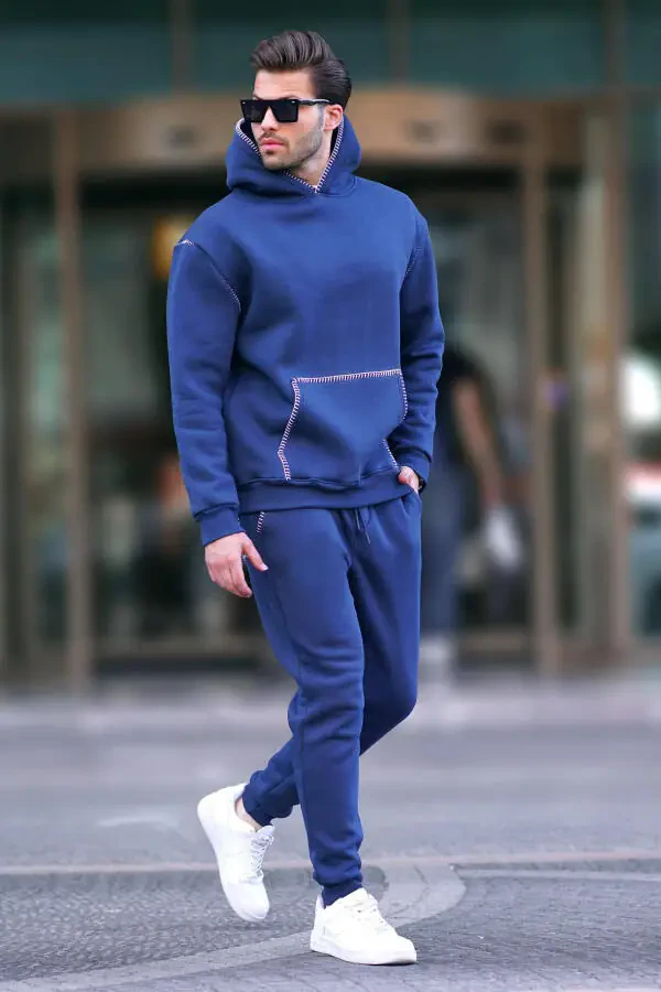 Ko'k rangli erkaklar uchun kaputli elastik bo'yinli sport kostyumi 7045 - 1