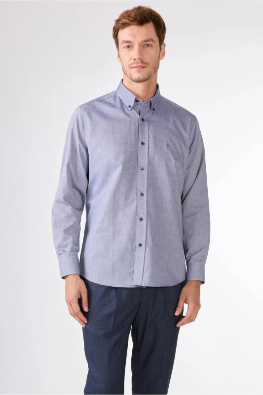 Ko'k rangli erkaklar uchun Regular Fit Oxford Brent tugmali yoqali uzun yengli ko'ylak - 94842 - DUFY