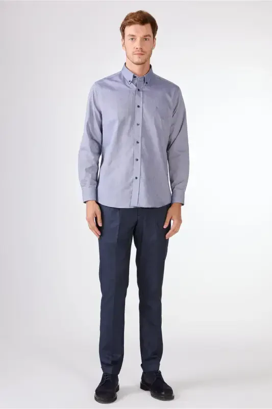 Ko'k rangli erkaklar uchun Regular Fit Oxford Brent tugmali yoqali uzun yengli ko'ylak - 94842 - 2